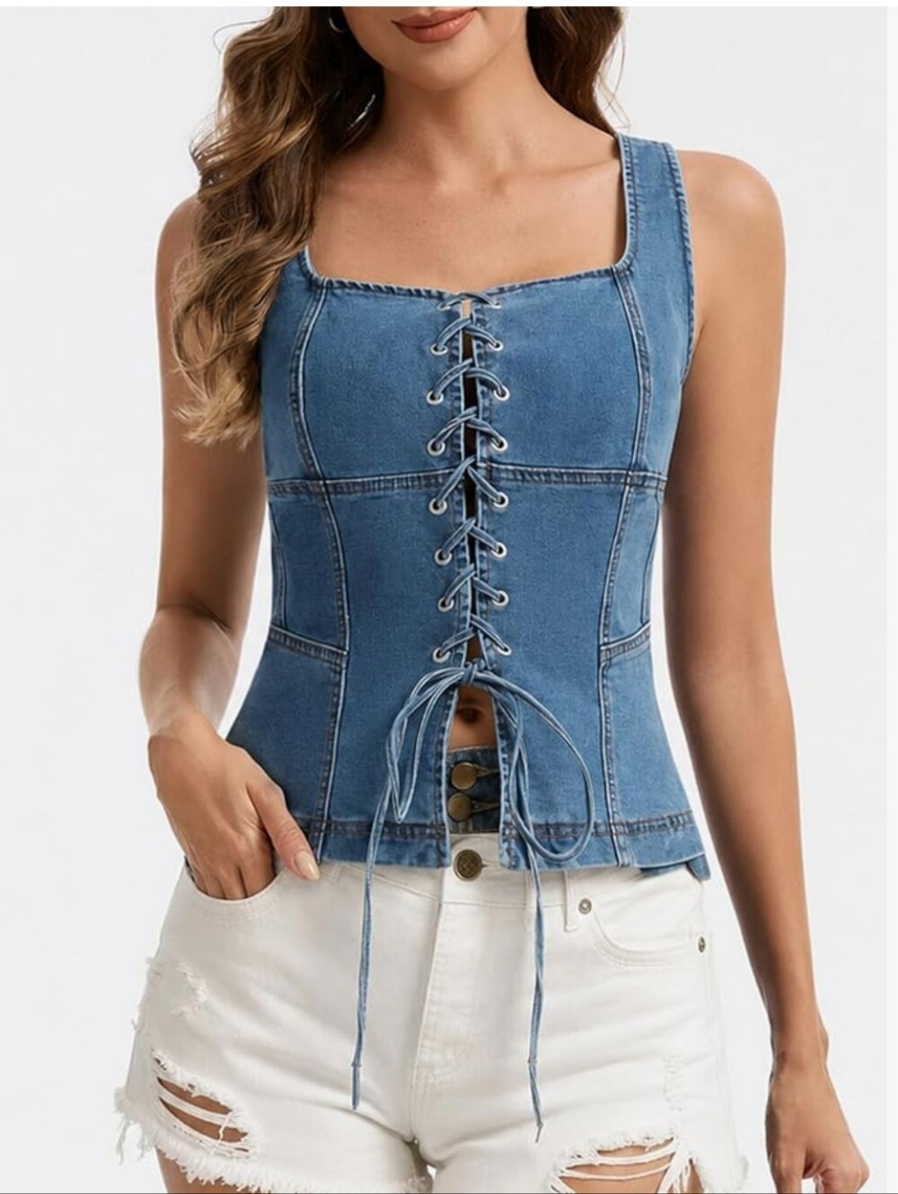 Blue Denim Lace-Up Corset Tank Top